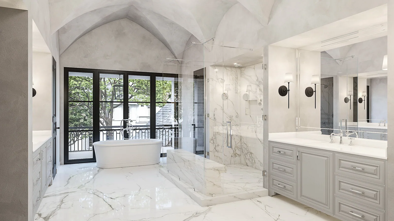 Marble master bath with freestanding tub and vaulted ceiling at the 3024 Del Monte home in Houston