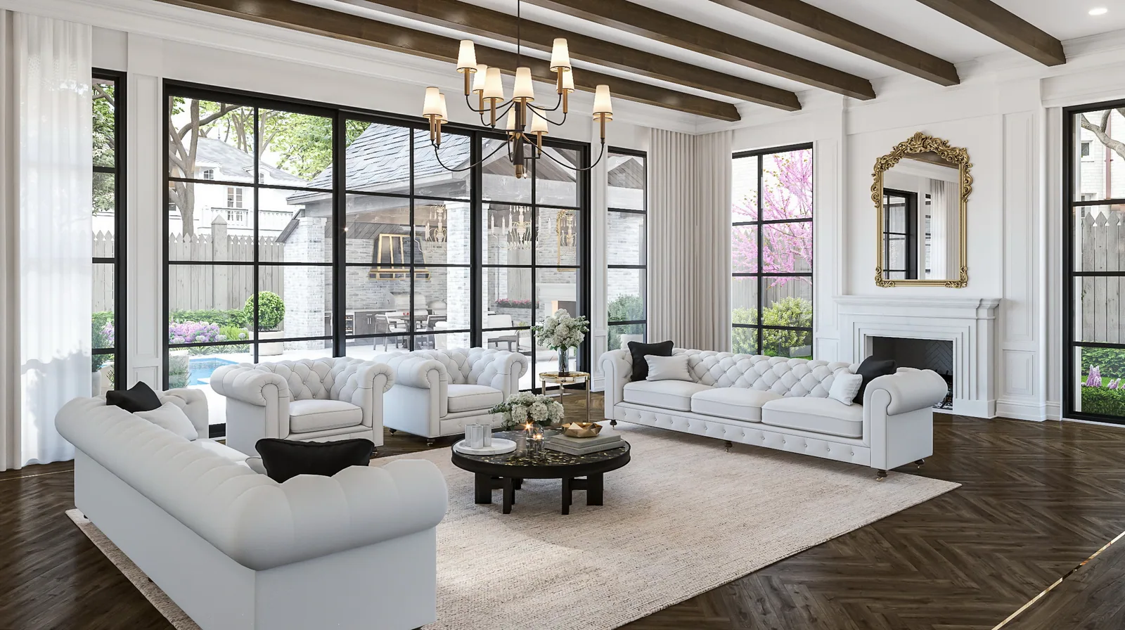 Living room with white sofas, beamed ceiling and steel windows to the garden at 3024 Del Monte, Houston