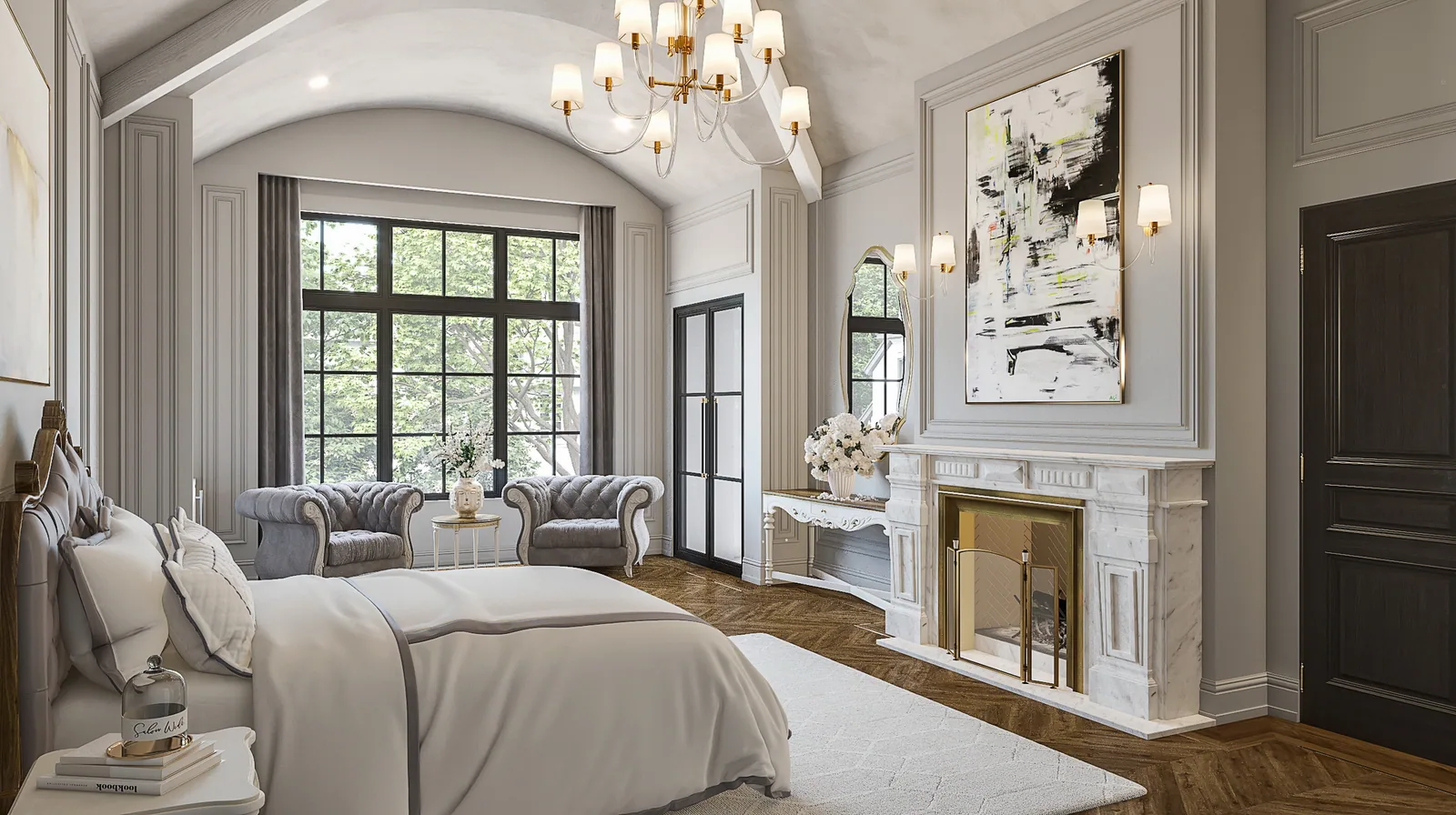Master bedroom with marble fireplace, chandelier and black steel windows at 3024 Del Monte, Houston
