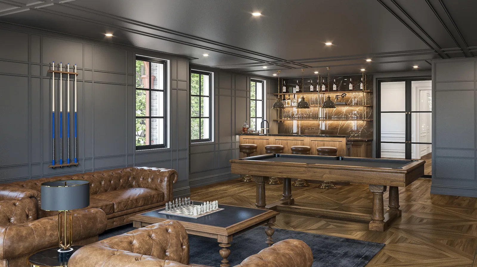 Game room with leather sofas, pool table and lit bar in the 3024 Del Monte home in Houston