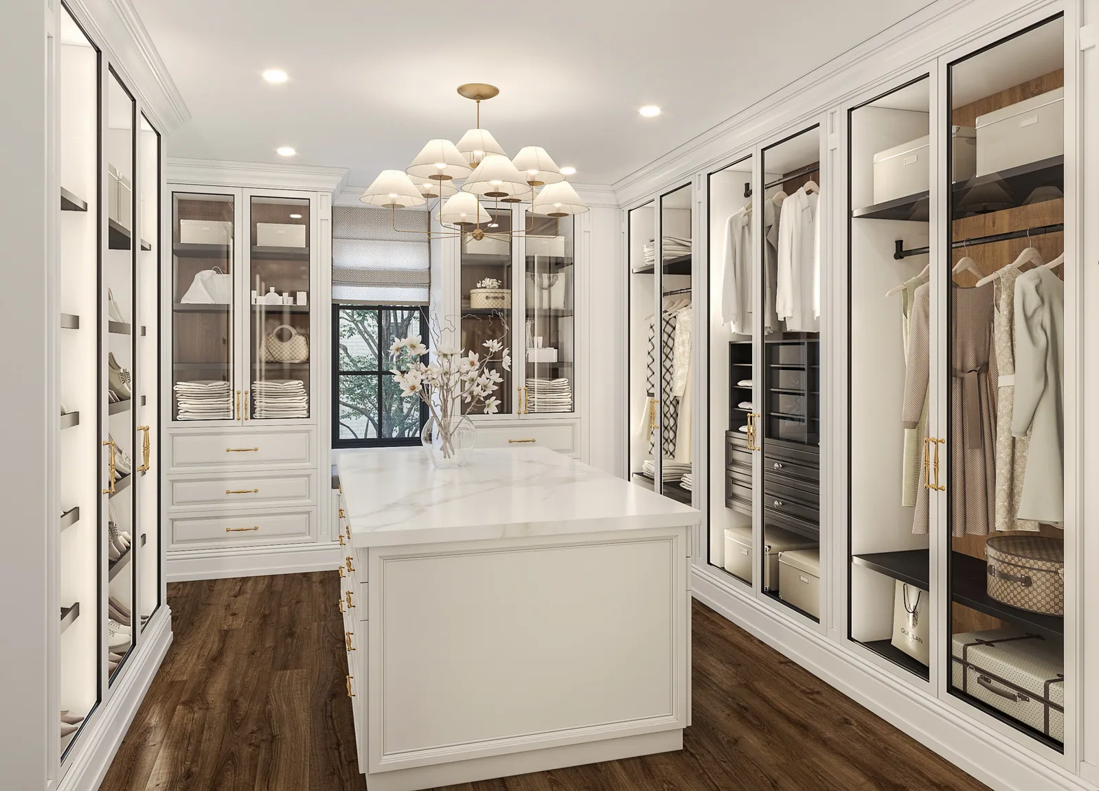 White dressing room with glass-front cabinets, island and chandelier at 3024 Del Monte, Houston