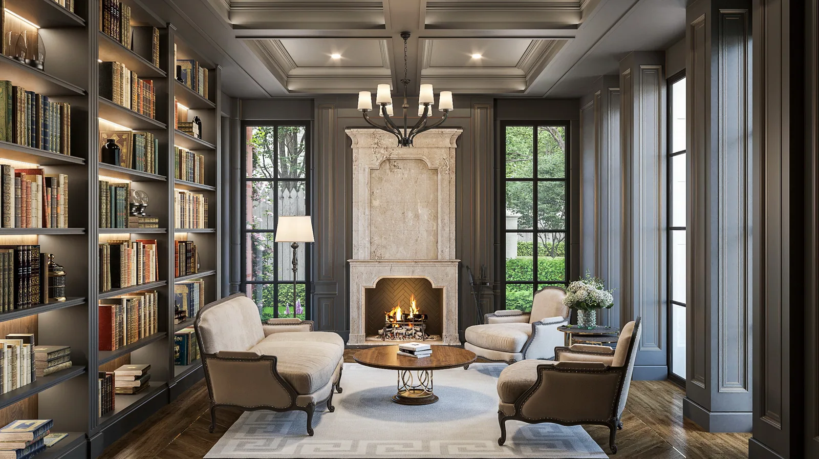 Library with dark bookshelves, stone fireplace and coffered ceiling in the 3024 Del Monte home, Houston