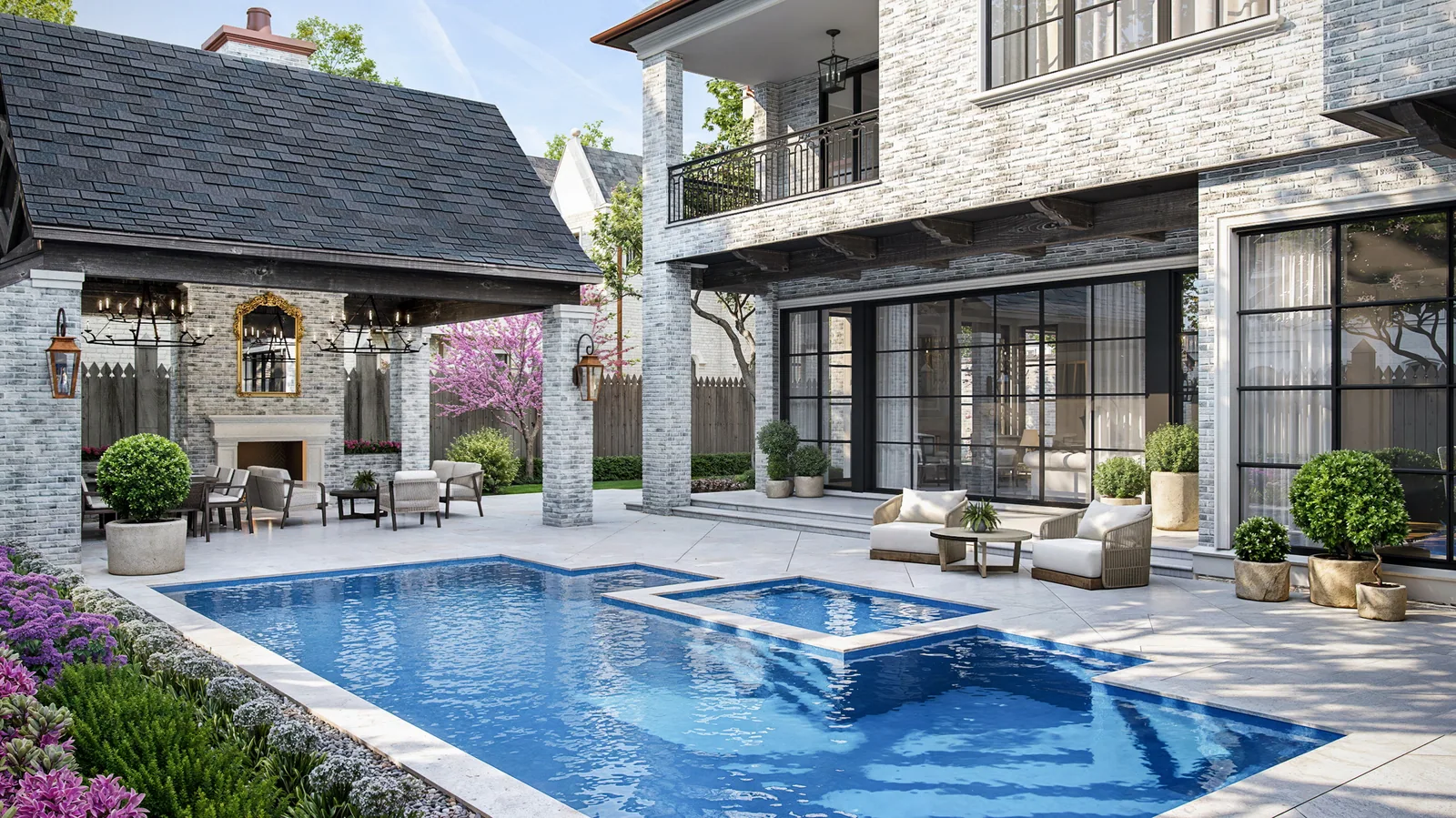 Backyard pool, spa and covered outdoor living room with fireplace at 3024 Del Monte, Houston