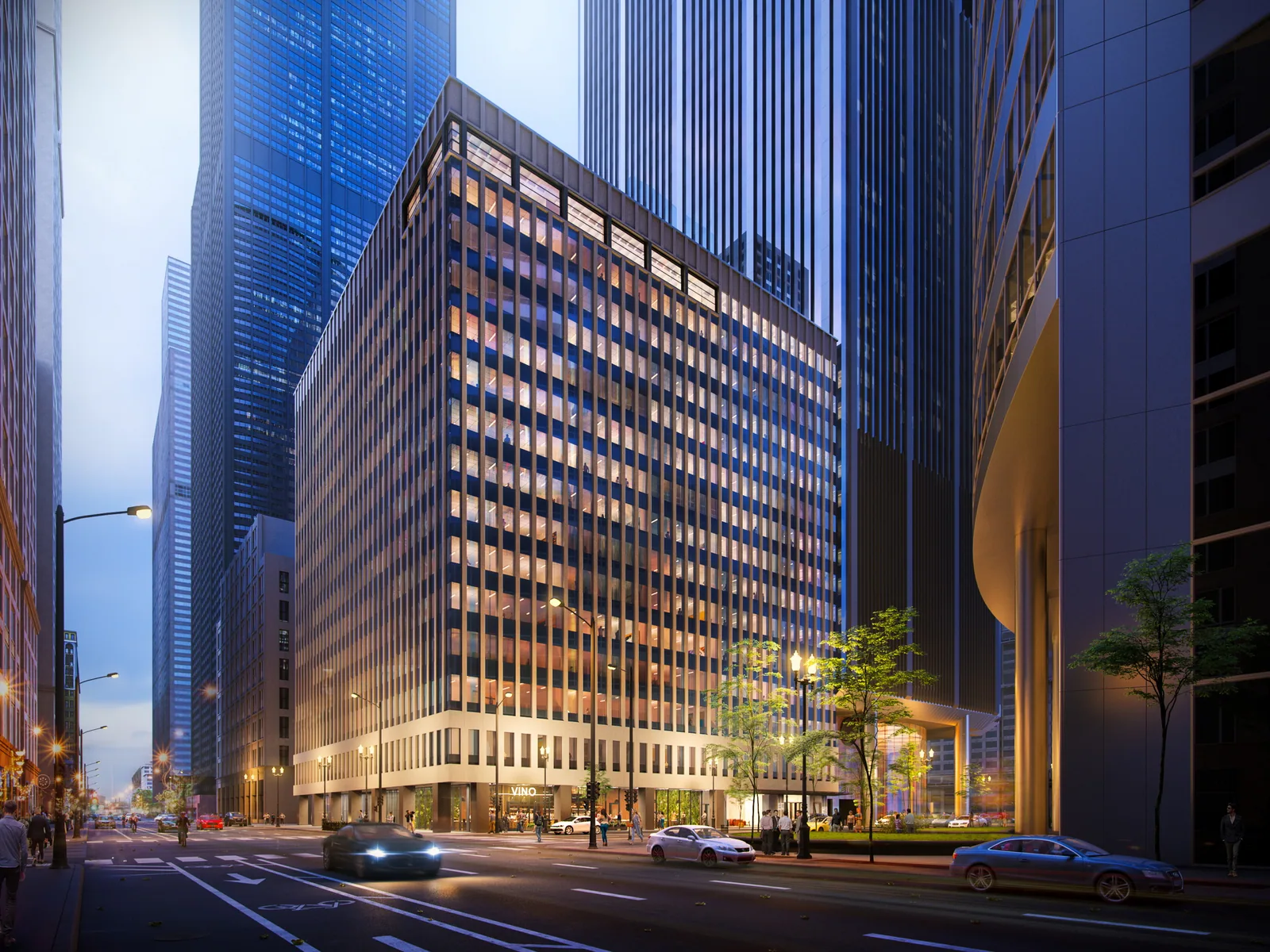 311 West Monroe office building in Chicago's Loop at dusk, its lit floors framed by glass towers