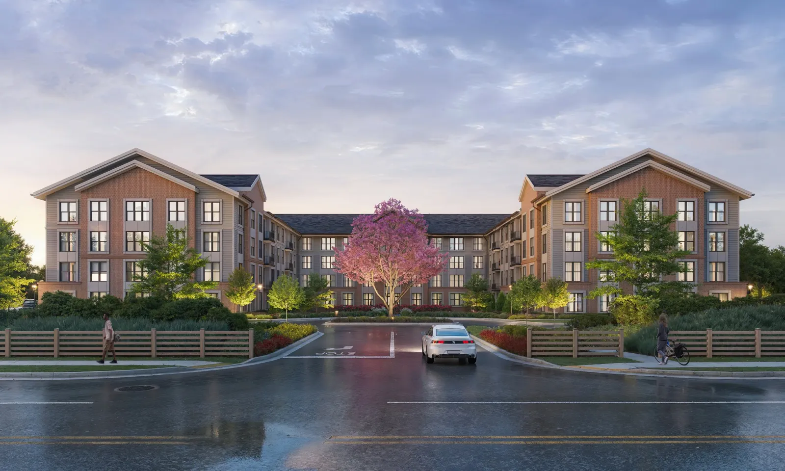 Brick apartment buildings of The Monarch at 35 Ridgedale Ave, Hanover Township, around an entry court