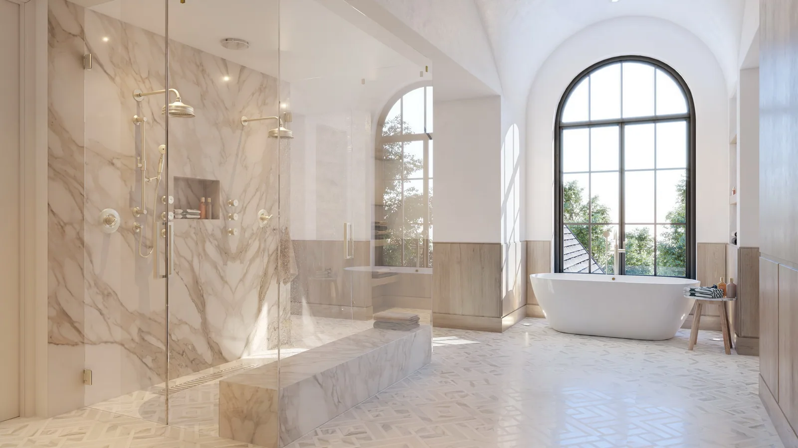 Marble shower and freestanding tub under an arched window in the 3662 Overbrook Lane home, Houston