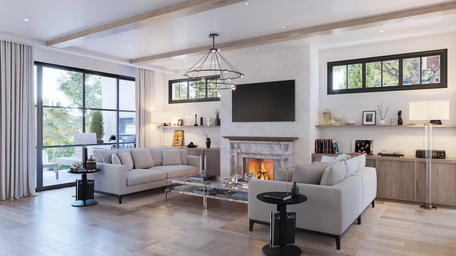 Family room with stone fireplace, white sofas and steel windows at 3662 Overbrook Lane, Houston