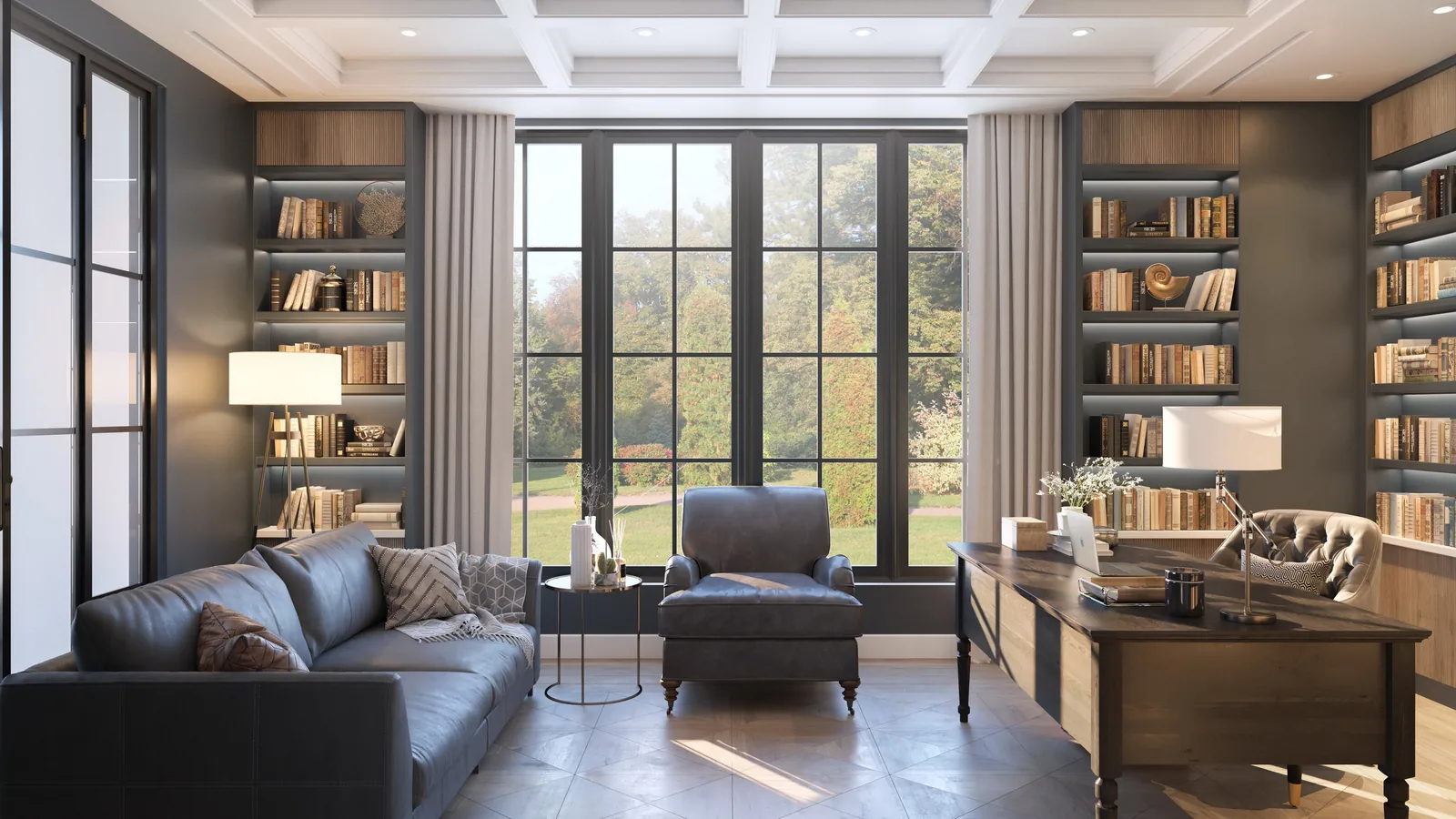 Study with leather sofa, wood desk and bookshelves around tall windows at 3662 Overbrook Lane, Houston