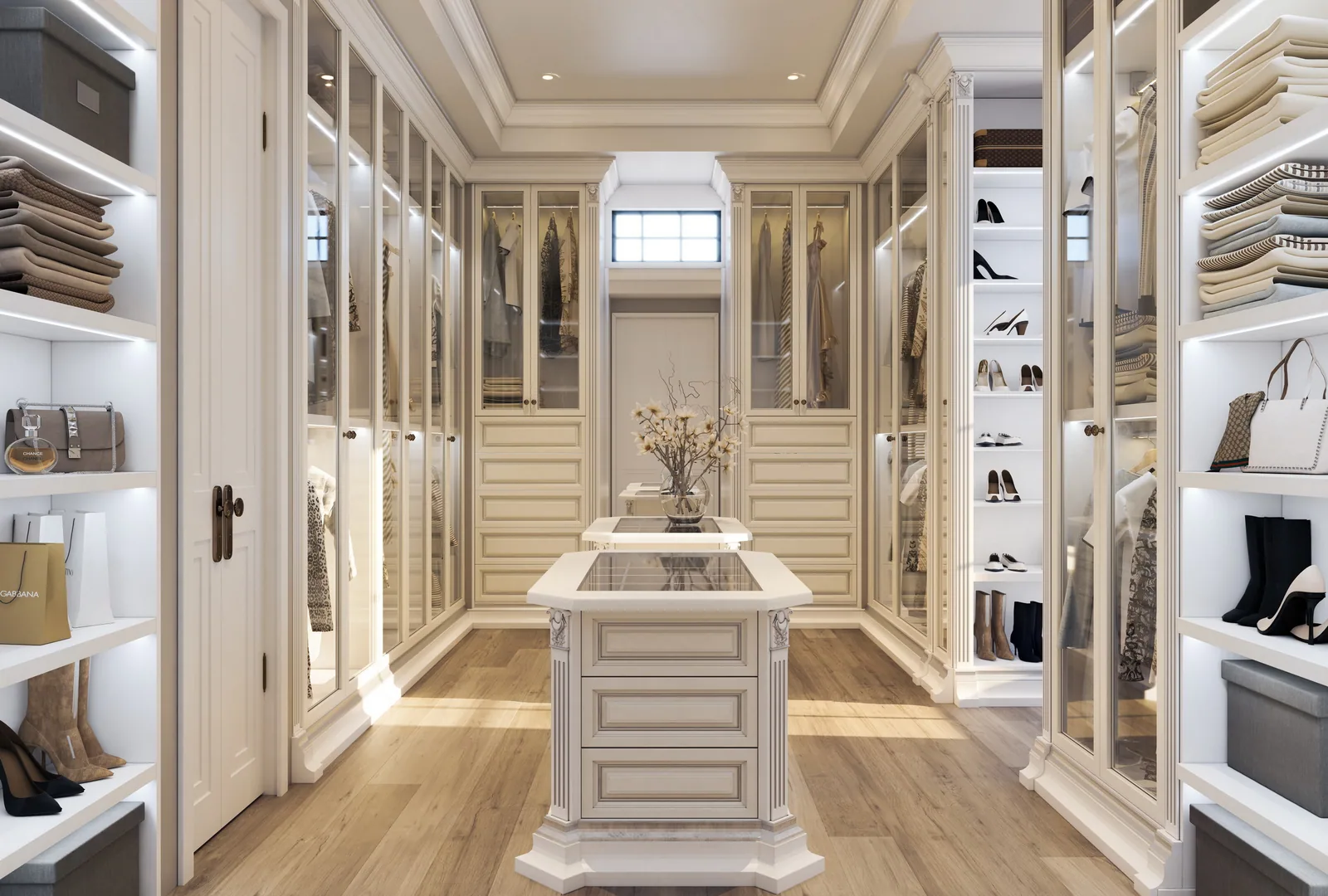 Cream dressing room with glass-front cabinets and center island at 3662 Overbrook Lane, Houston