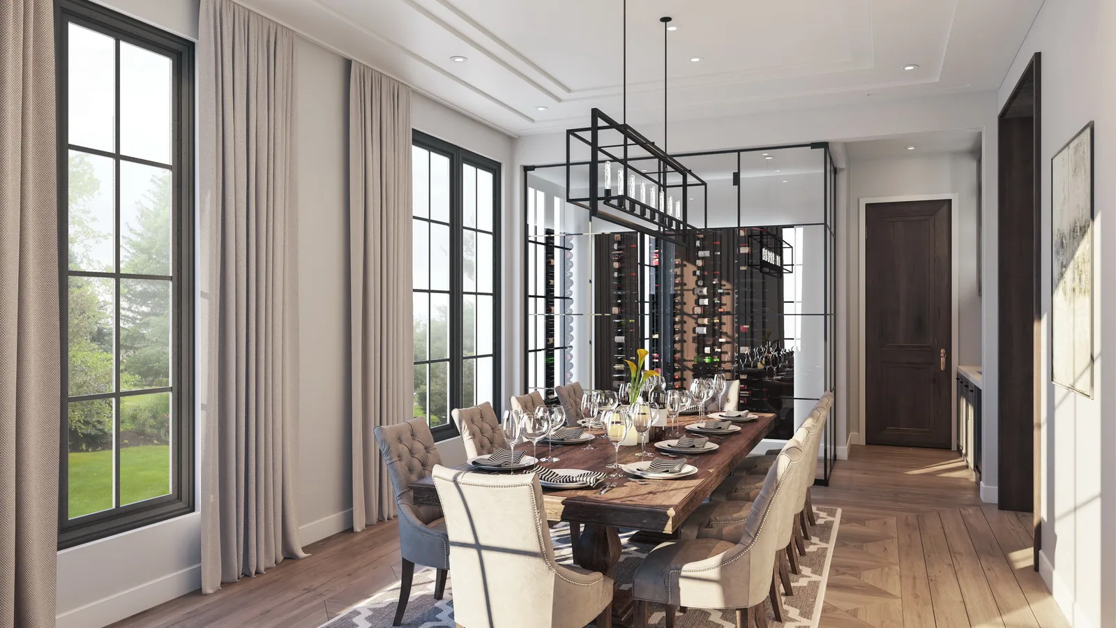 Dining room with long wood table, iron chandelier and glass wine wall at 3662 Overbrook Lane, Houston