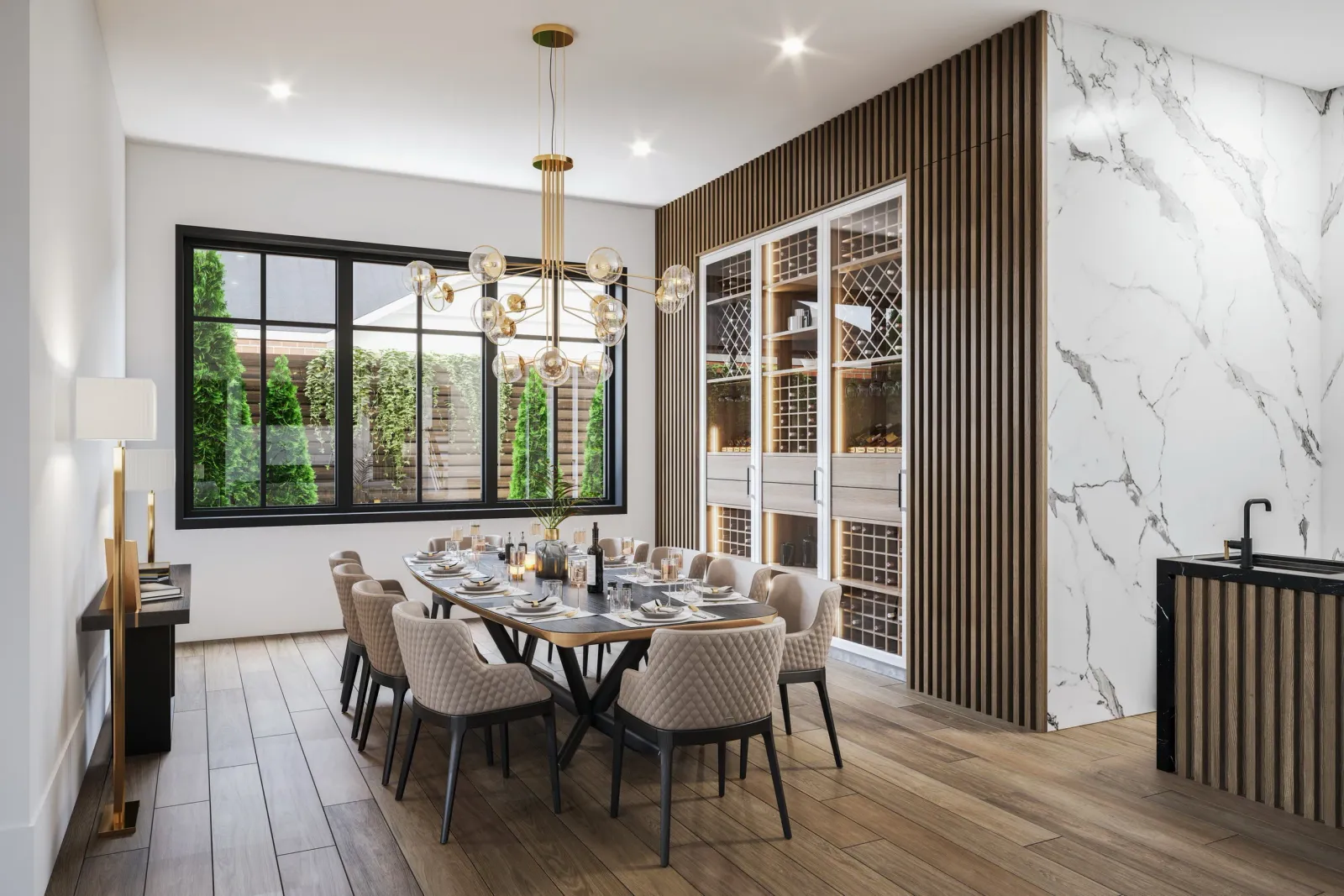 Dining room with wine wall, marble bar and brass chandelier at 3709 Wickersham Lane, Houston