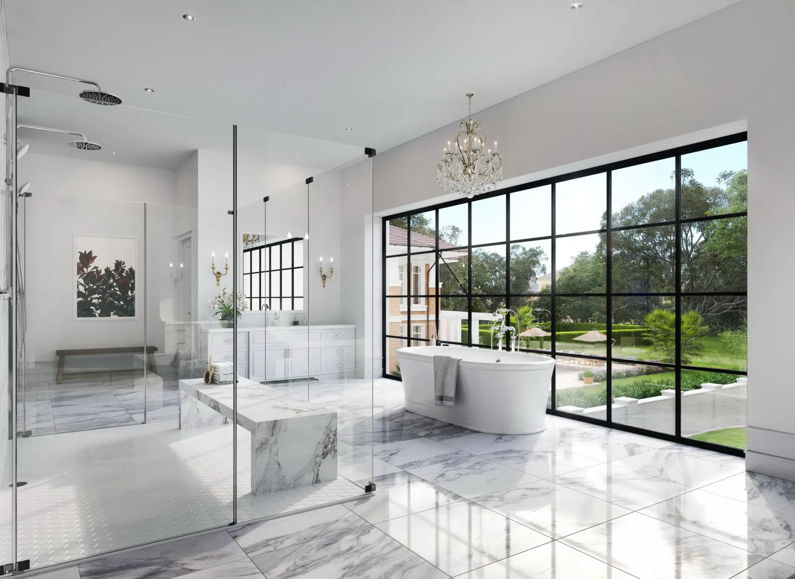 Marble master bath with freestanding tub and steel windows to the garden at 3717 Willowick, Houston