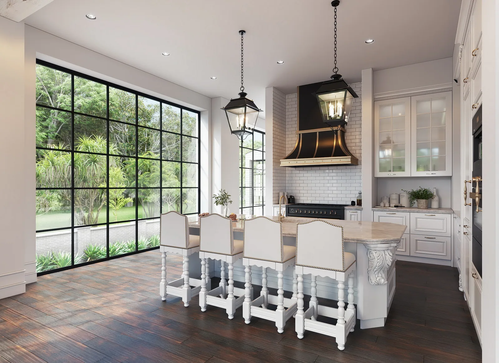 White kitchen with black range hood, lantern pendants and steel windows at 3717 Willowick, Houston