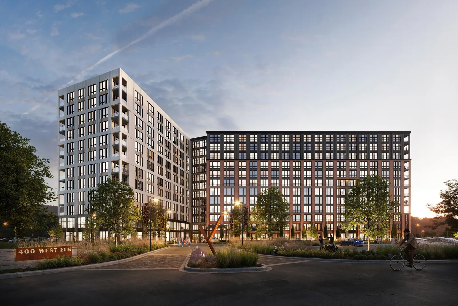 Entry drive and sign at Madison West Elm, 400 West Elm, Conshohocken, with both building wings