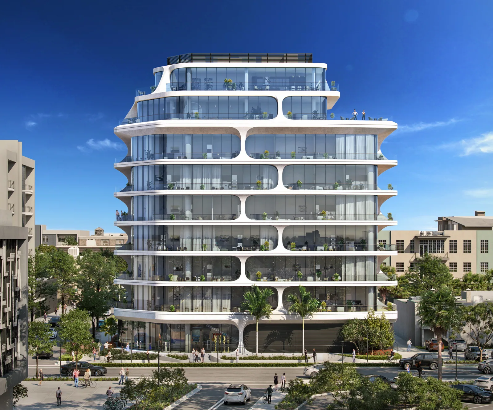 Nine-story 404NW1 Condominiums building in Fort Lauderdale with flowing white balcony bands and palms