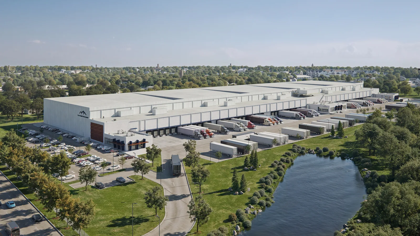 Aerial of the 4150 N. Dallas Ave distribution building in Lancaster, Texas, with truck court and pond