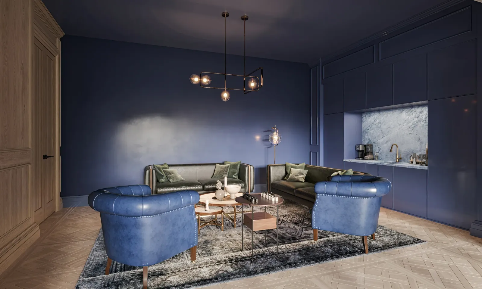 Navy-paneled lounge with blue leather chairs and marble bar niche at 4606 Dorset, Dallas