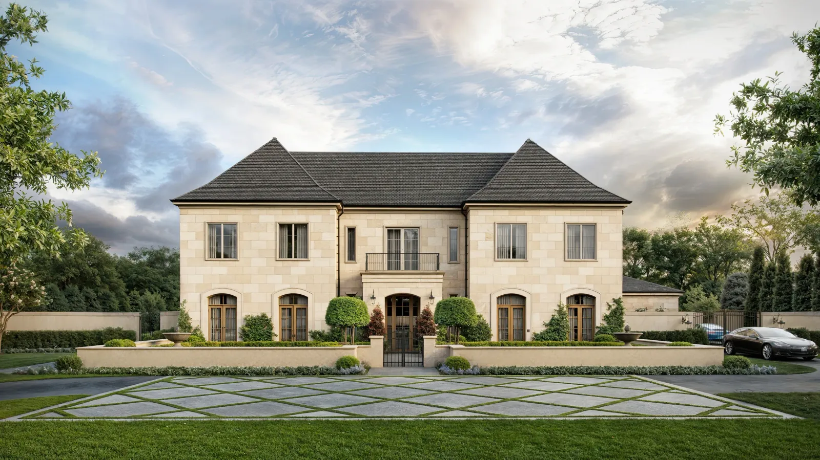 Symmetrical limestone custom home at 4606 Dorset in Dallas with hipped slate roof and forecourt