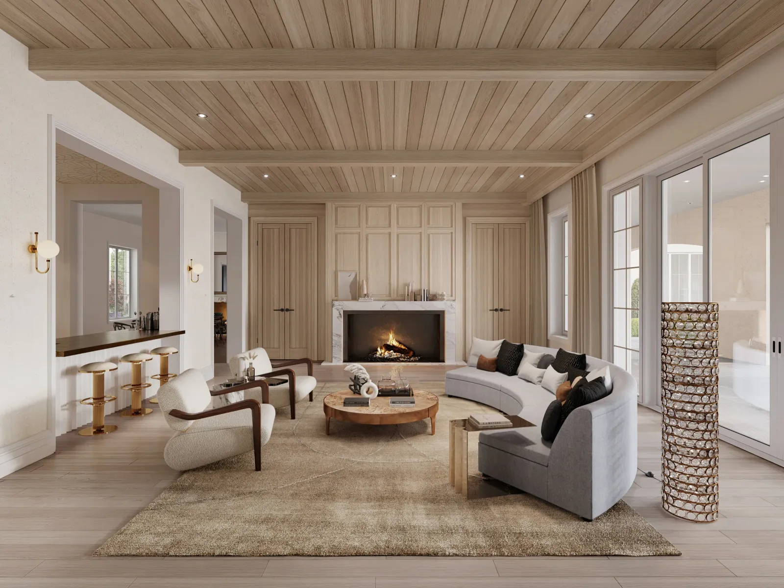 Living room with plank ceiling, fireplace and curved white sofa in the 4606 Dorset home, Dallas