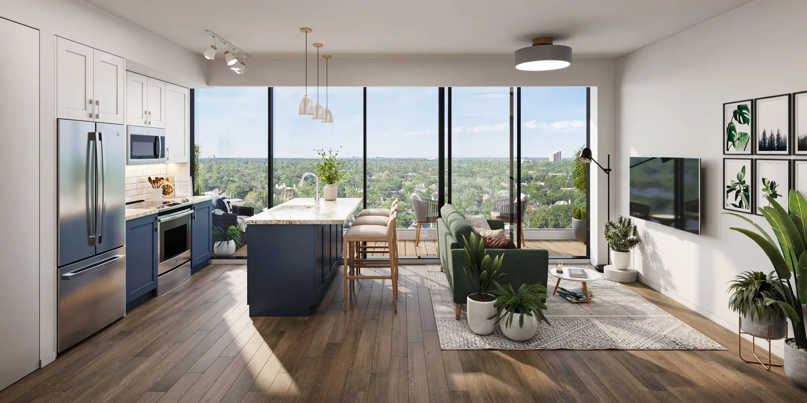 Apartment kitchen and living room with floor-to-ceiling windows over trees at 50 Sussex Avenue, Newark