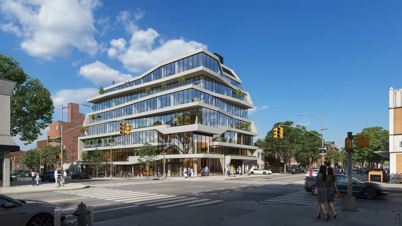 500 Kingston Avenue in East Flatbush, Brooklyn, seen across the intersection on a sunny day