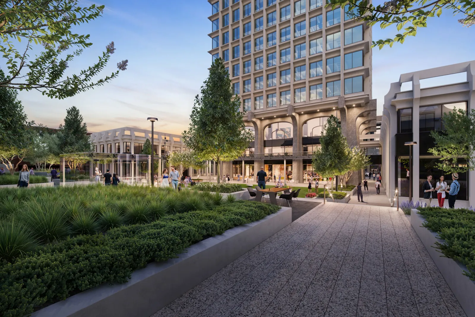 Landscaped plaza with planted walkways at the 525 University Avenue office tower in Palo Alto