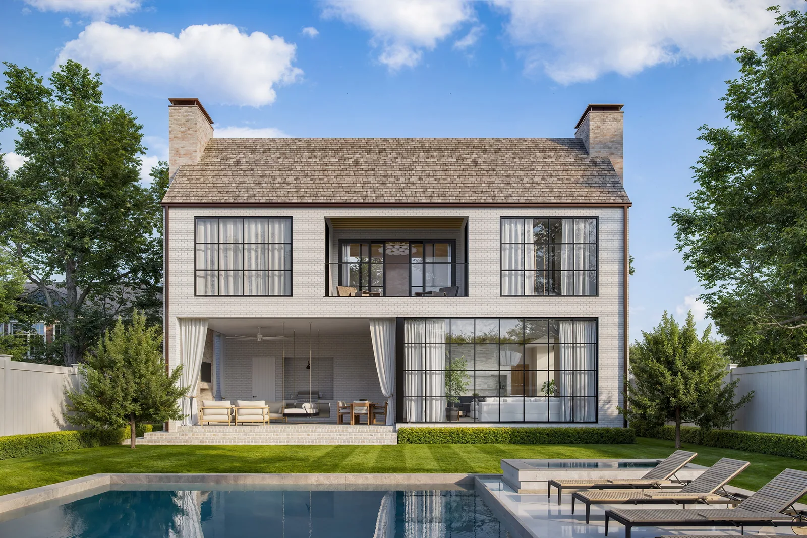 Rear loggia, steel windows and pool of the 6335 Belmont Street home in Houston on a sunny day