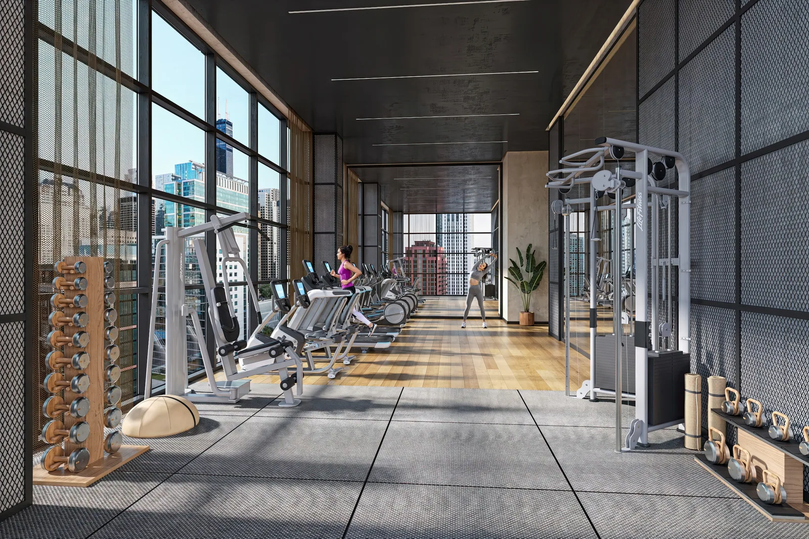 Fitness center with weights, cardio machines and floor-to-ceiling windows in a West Loop office, Chicago