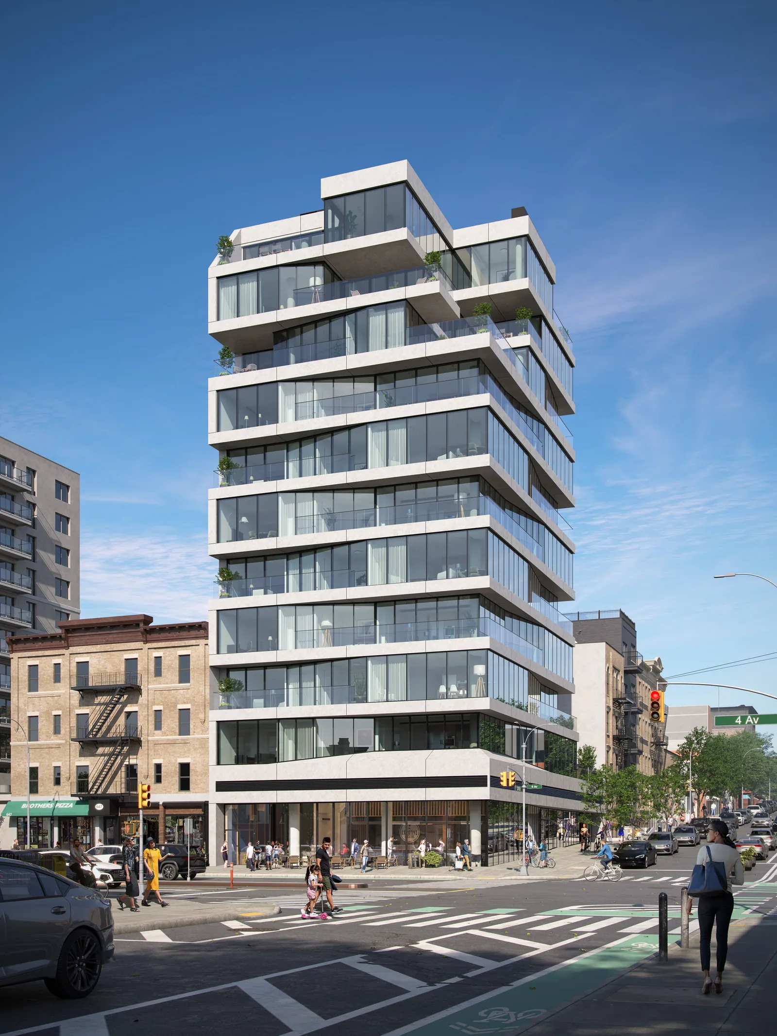 651 Fourth Avenue in Brooklyn seen from the street corner by day with shifting glass floors