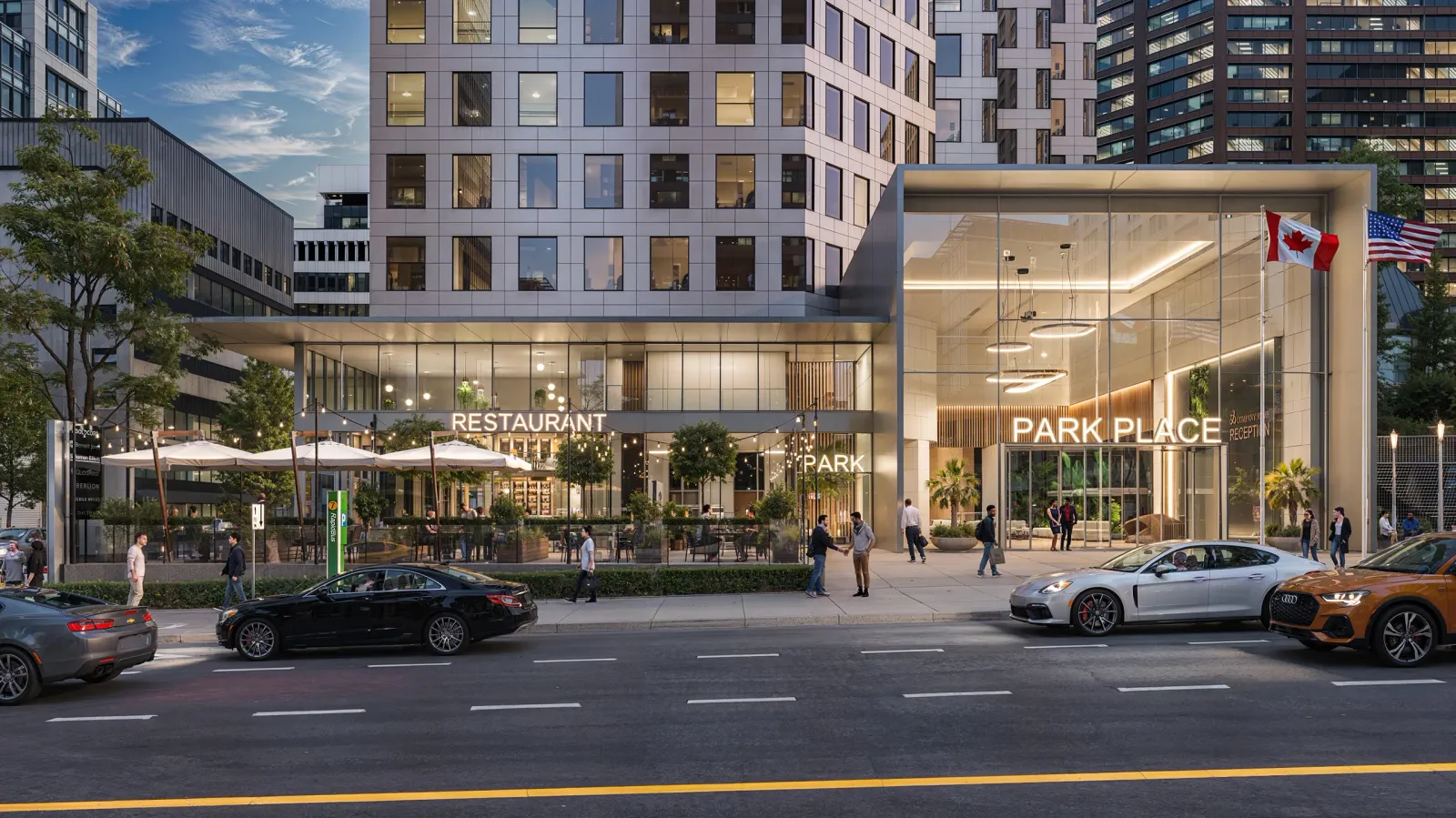 Glass lobby pavilion and restaurant patio at Park Place, 666 Burrard Street, Vancouver