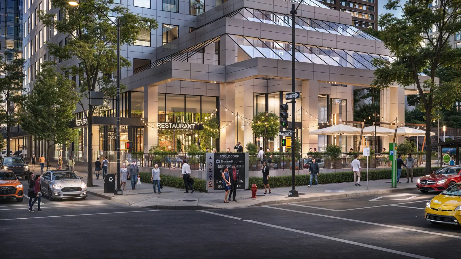 Restaurant with string-lit patio at the base of Park Place, 666 Burrard Street, Vancouver, at dusk