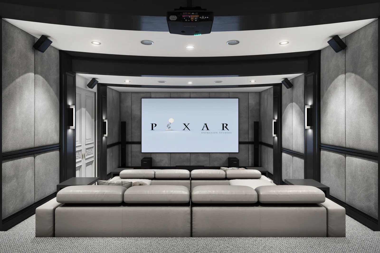 Home theater with large screen, gray padded walls and tiered seating at 715 Friar Tuck, Houston