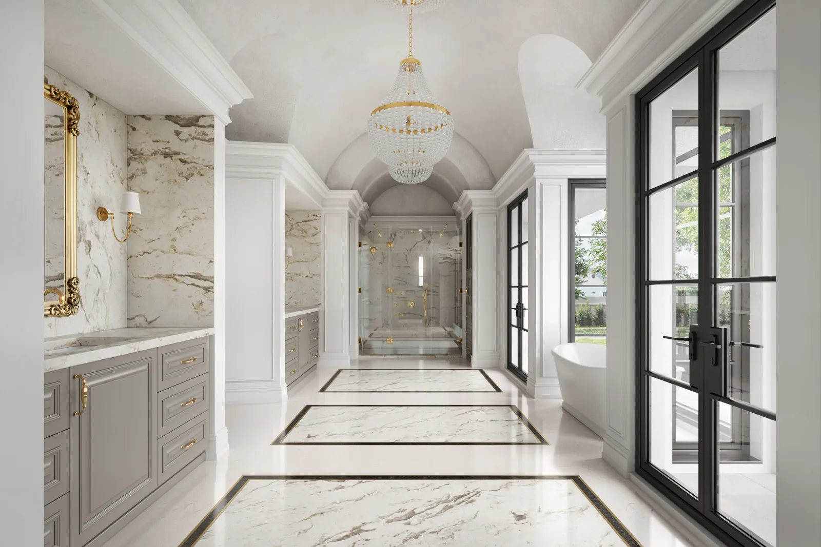 Marble master bath gallery with vaulted ceiling and crystal chandelier at 715 Friar Tuck, Houston