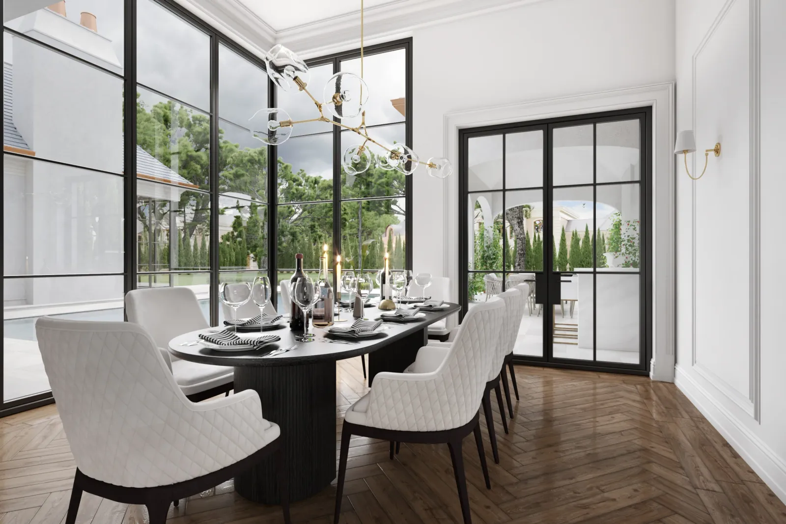 Dining room with black oval table and floor-to-ceiling steel windows at 715 Friar Tuck, Houston