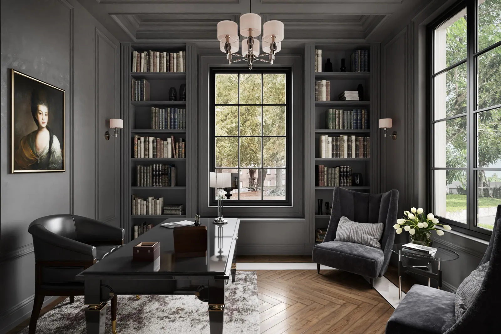 Dark-paneled study with bookshelves, desk and portrait at the 715 Friar Tuck estate in Houston