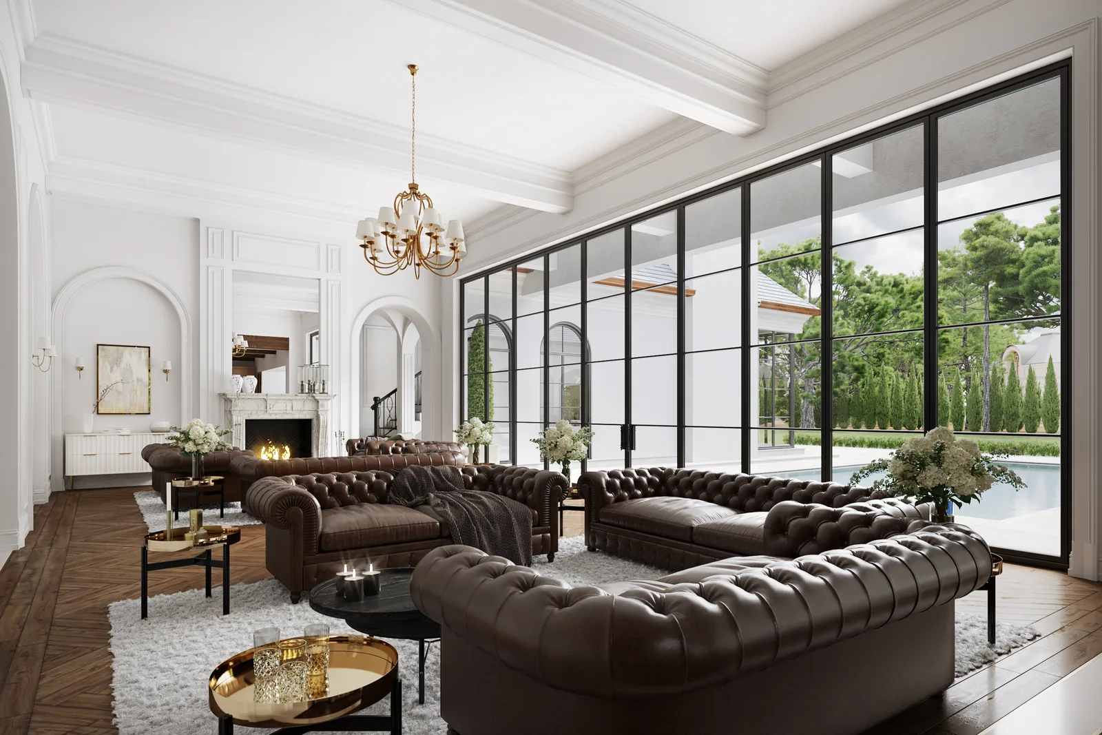 Living room with leather Chesterfield sofas and steel window wall to the pool at 715 Friar Tuck, Houston