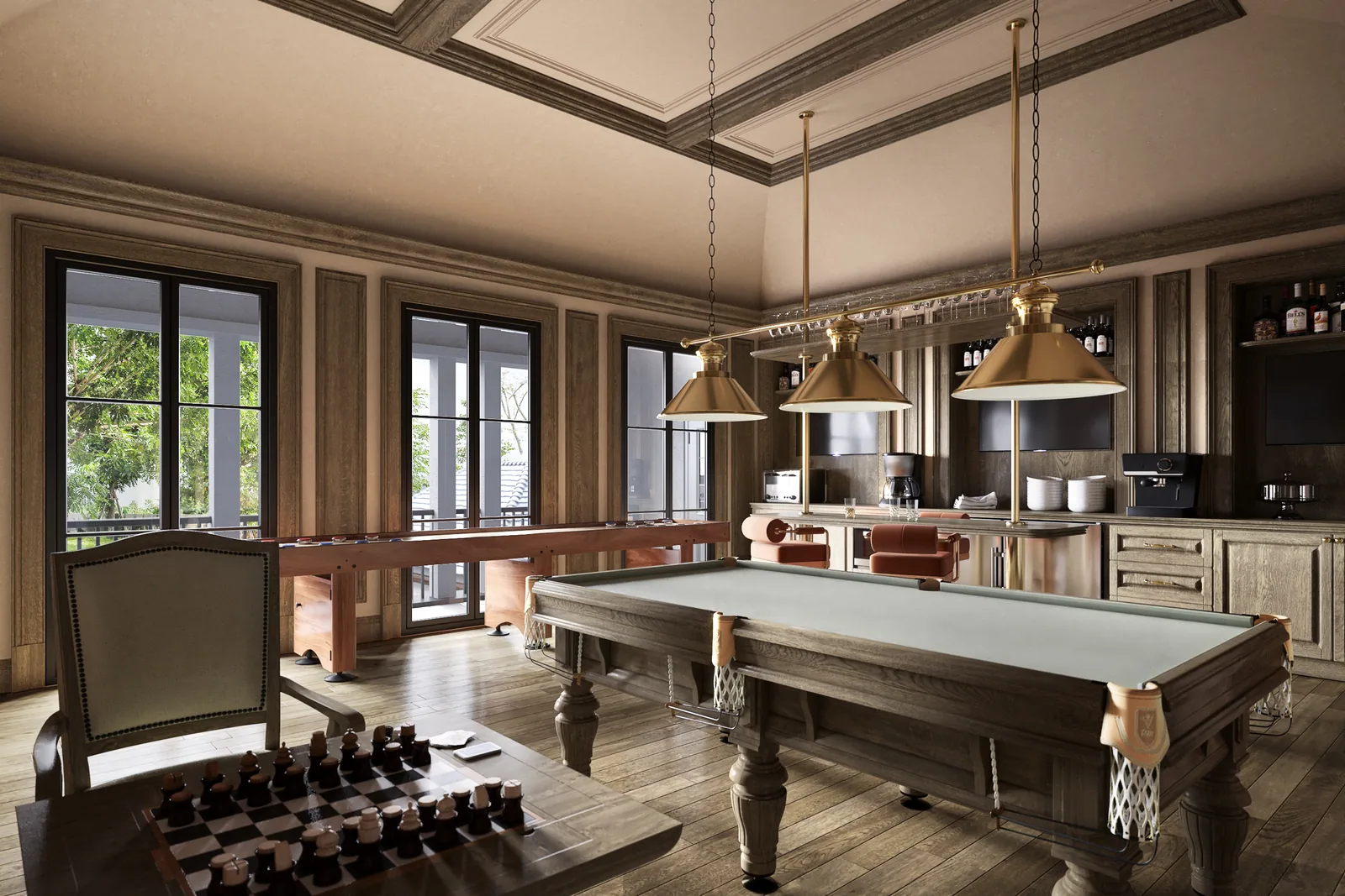 Game room with billiards table, brass pendants and wood paneling at 715 Friar Tuck, Houston