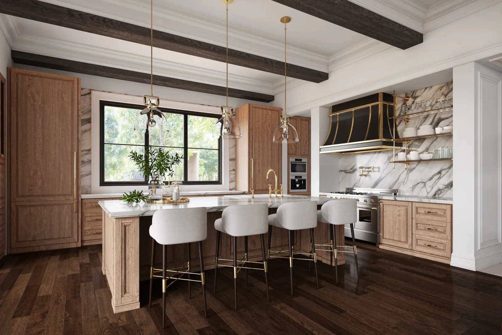 Kitchen with oak cabinetry, marble island and black and brass hood at 715 Friar Tuck, Houston