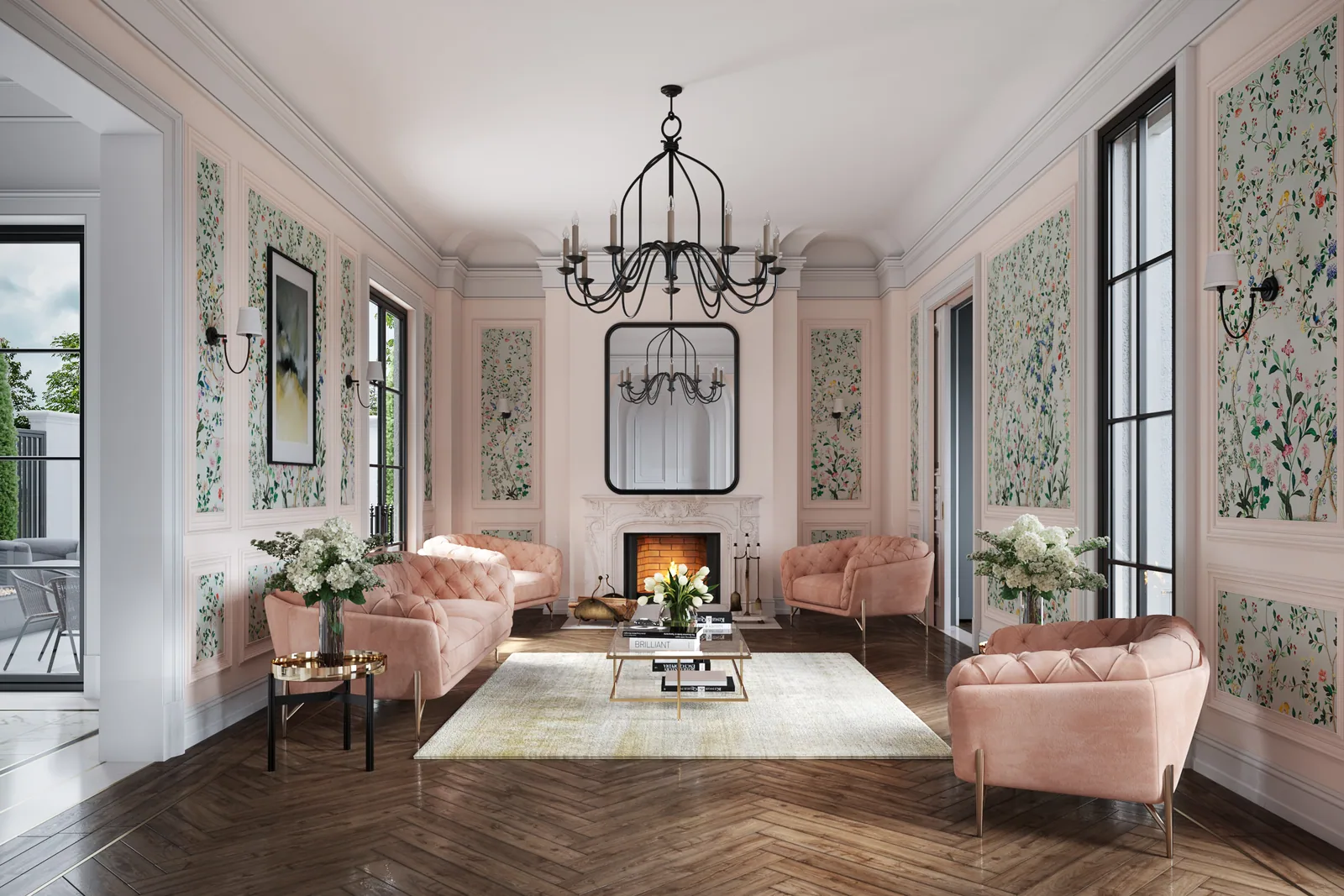Blush sitting room with chinoiserie panels, fireplace and iron chandelier at 715 Friar Tuck, Houston