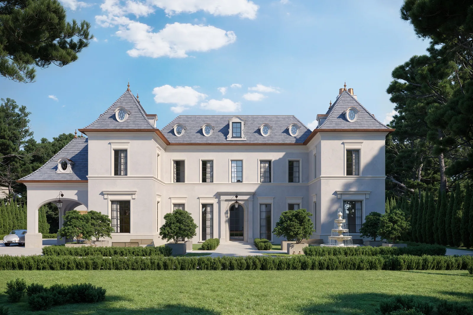 Chateau-style front of 715 Friar Tuck in Houston with slate roofs, round dormers and fountain