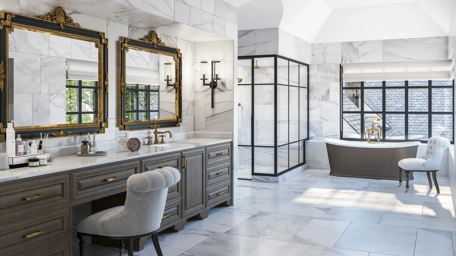 Master bath with gilded mirrors, steel-framed shower and copper tub at 842 Friar Tuck, Houston