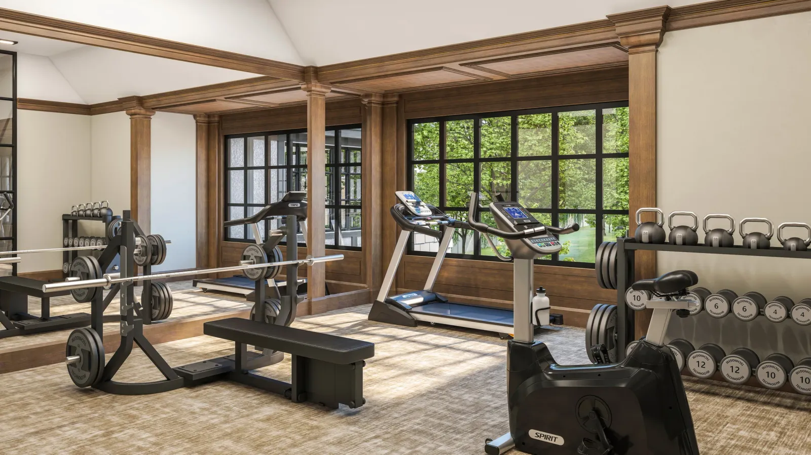 Home gym with weights, treadmill and wood-framed windows at 842 Friar Tuck in Houston