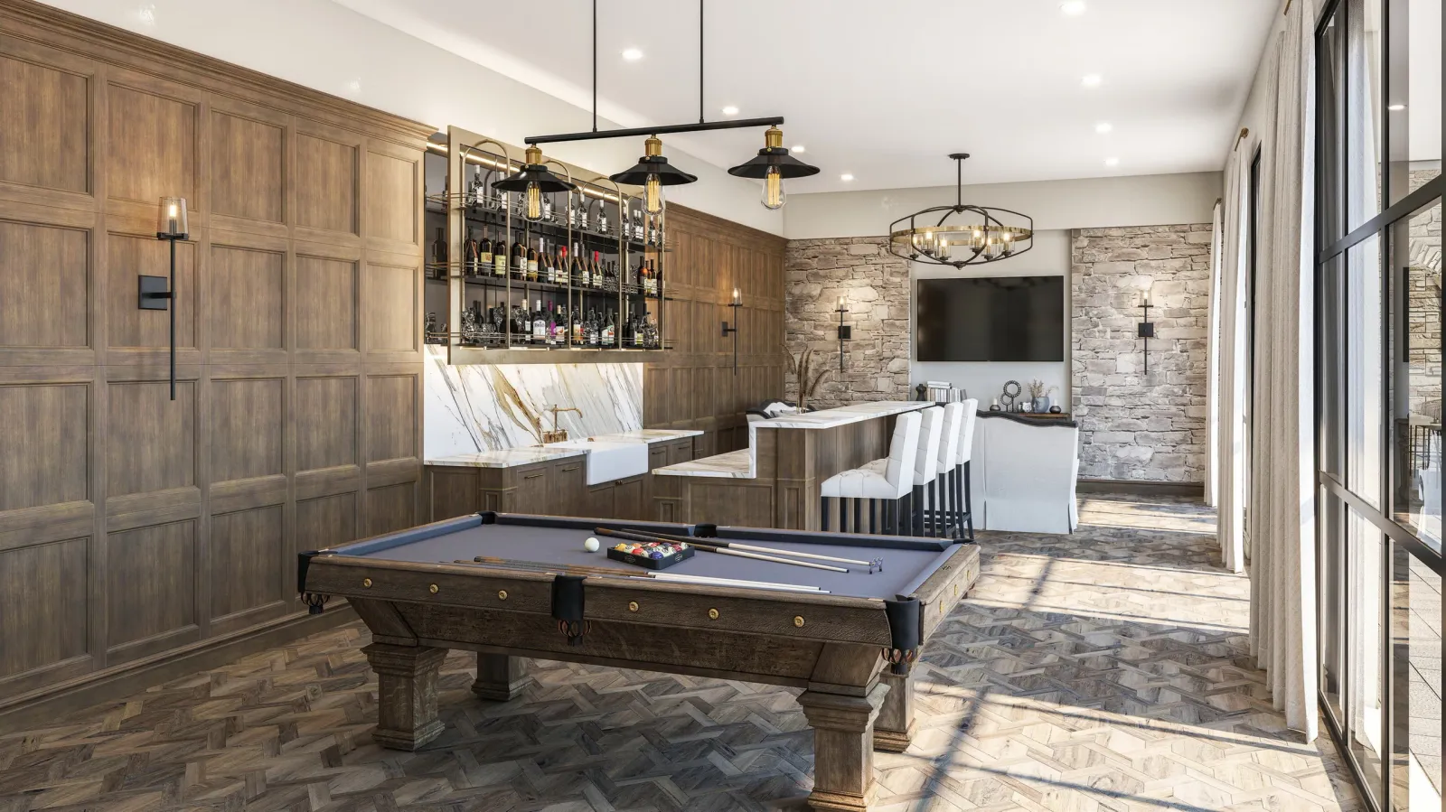 Game room with billiards table, wood paneling and marble bar at 842 Friar Tuck in Houston