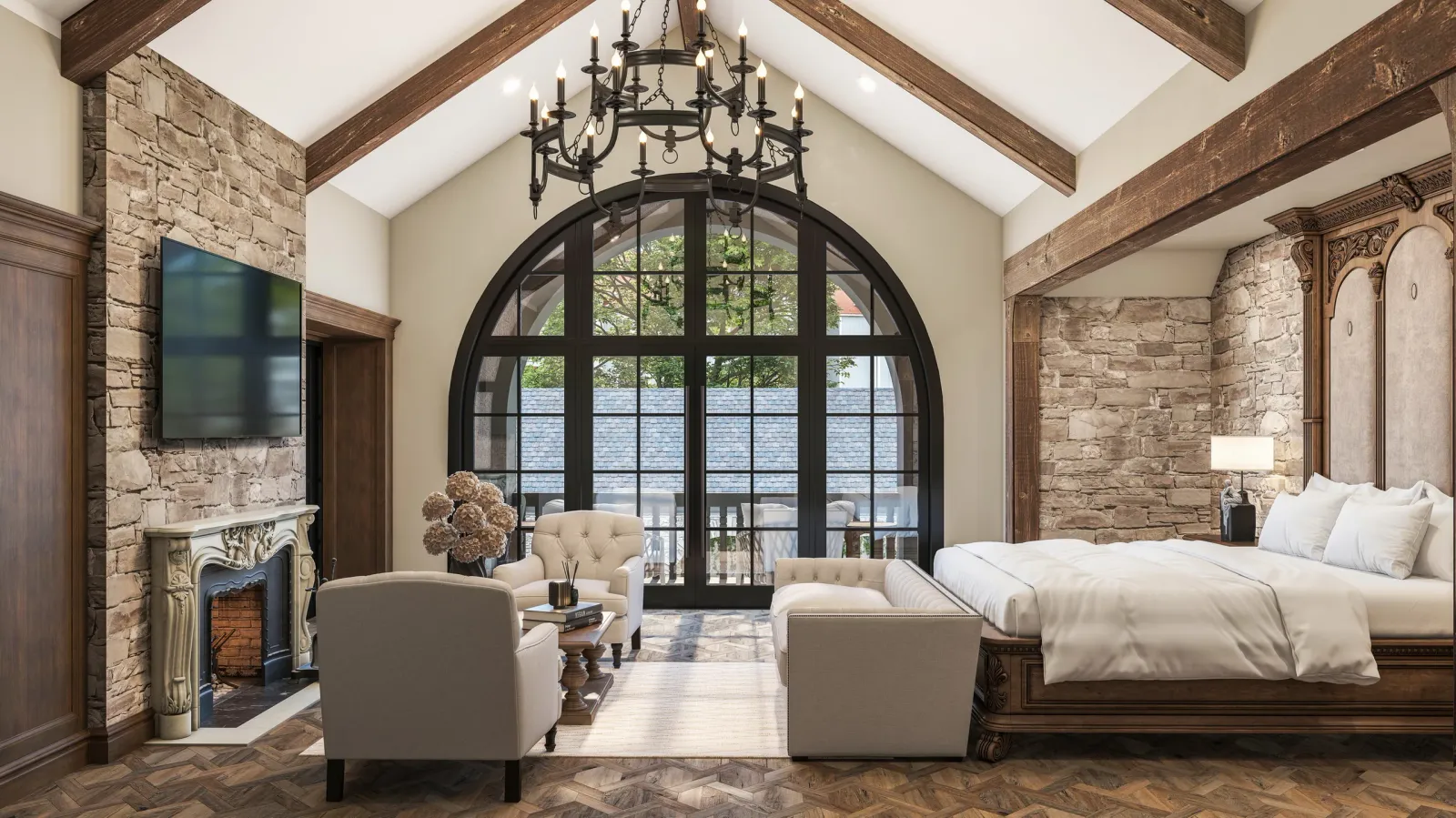Master bedroom with arched steel window, beamed vault and stone fireplace at 842 Friar Tuck, Houston