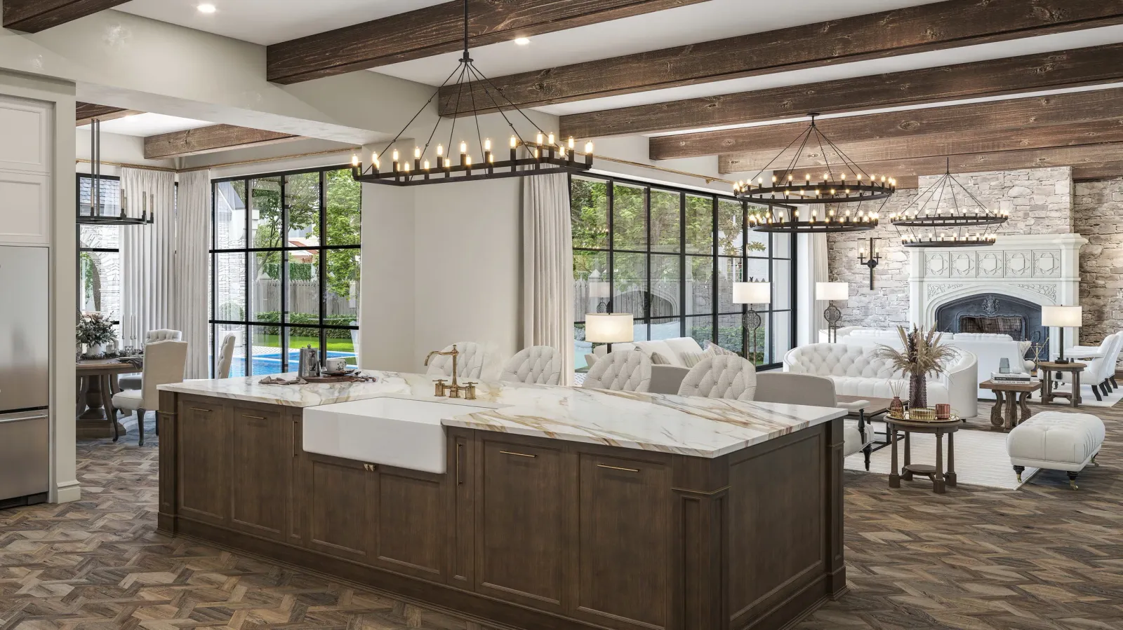 Kitchen island with farmhouse sink opening to a family room with beamed ceiling at 842 Friar Tuck, Houston