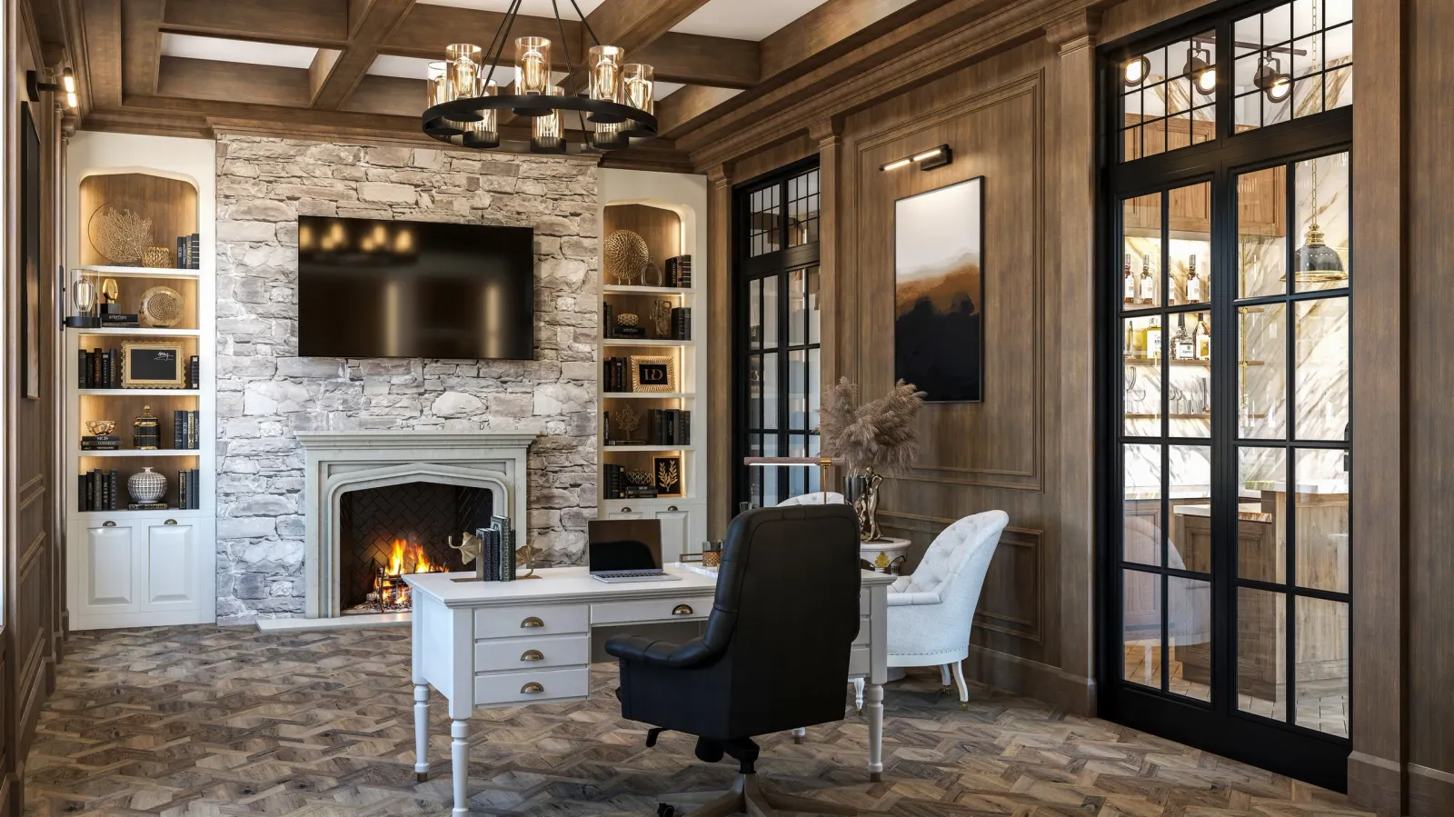 Study with stone fireplace, built-in shelves and wood paneling at the 842 Friar Tuck home, Houston