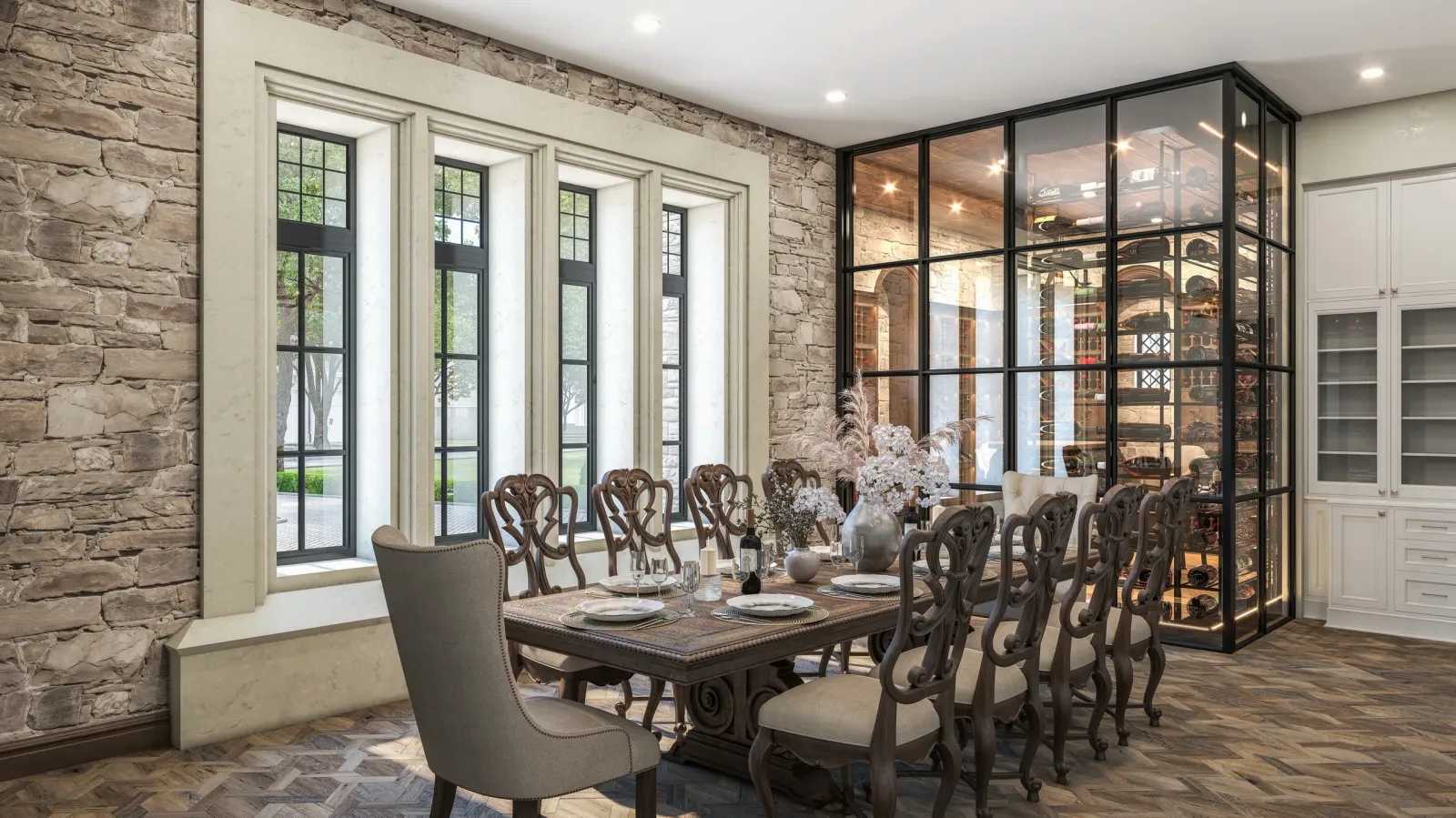 Dining room with stone wall, carved chairs and glass wine room at 842 Friar Tuck in Houston