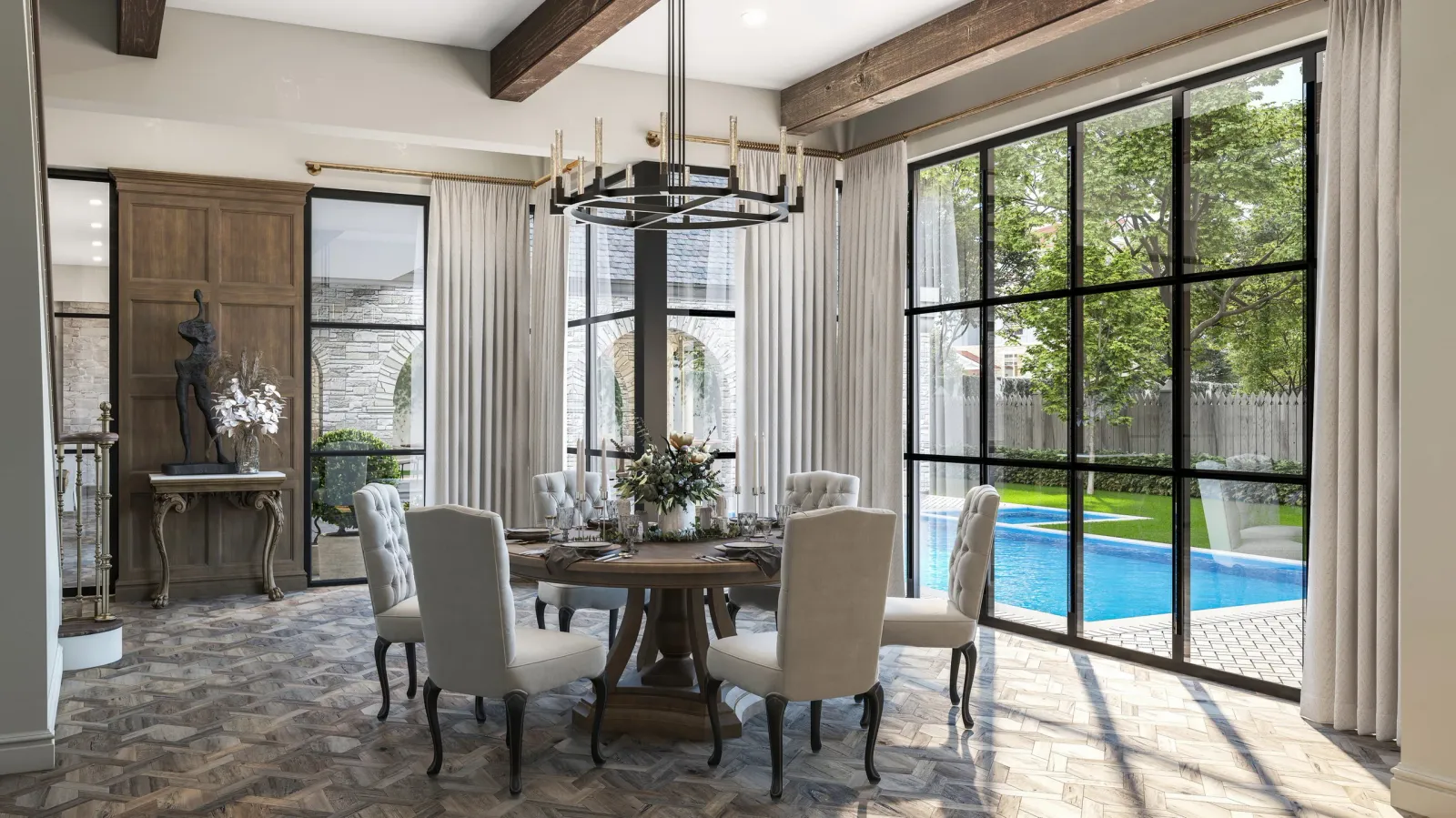 Breakfast room with round table, iron chandelier and steel windows to the pool at 842 Friar Tuck, Houston