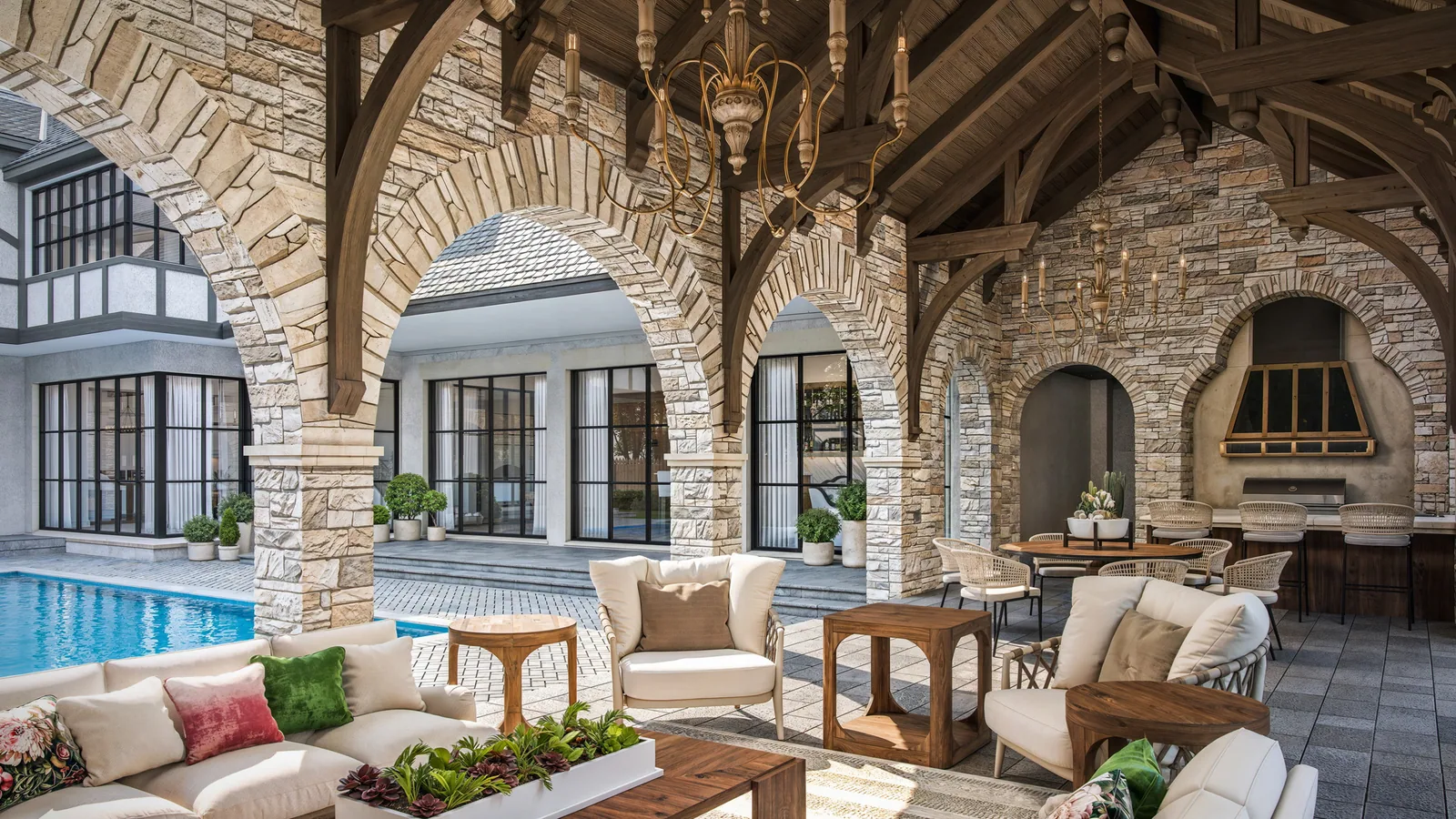 Stone-arched outdoor living room with timber trusses beside the pool at 842 Friar Tuck, Houston