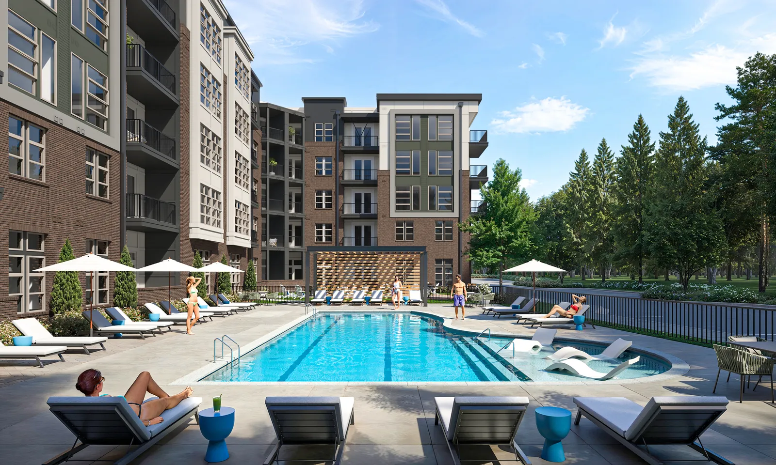 Pool deck with loungers and umbrellas beside apartment buildings at Alta Watkins in Ohio